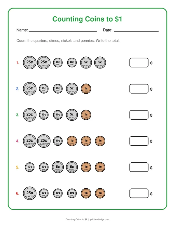 Counting Coins to $1 printable worksheet