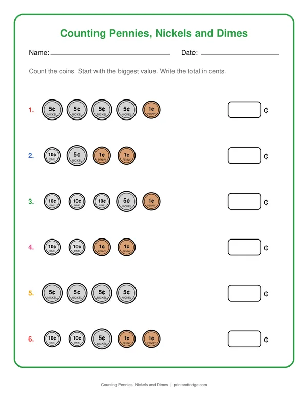 Counting Pennies, Nickels and Dimes printable worksheet
