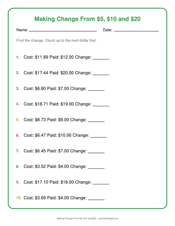Making Change From $5, $10 and $20 printable worksheet
