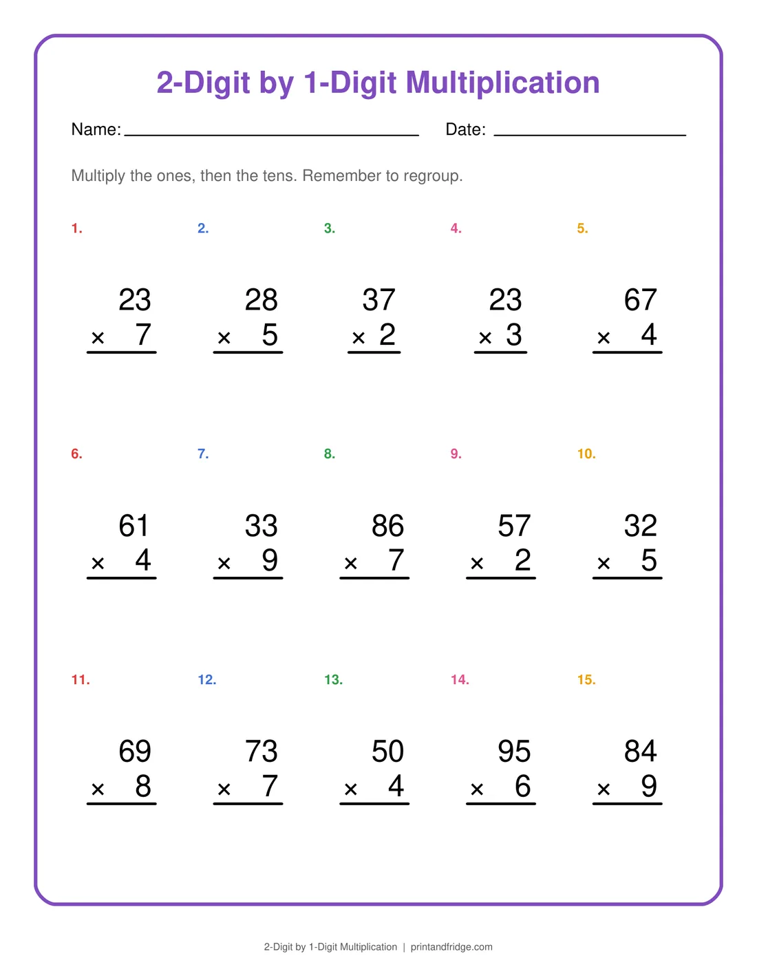 2-Digit by 1-Digit Multiplication printable worksheet