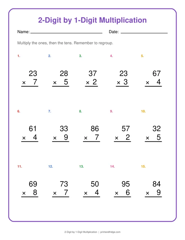 2-Digit by 1-Digit Multiplication printable worksheet