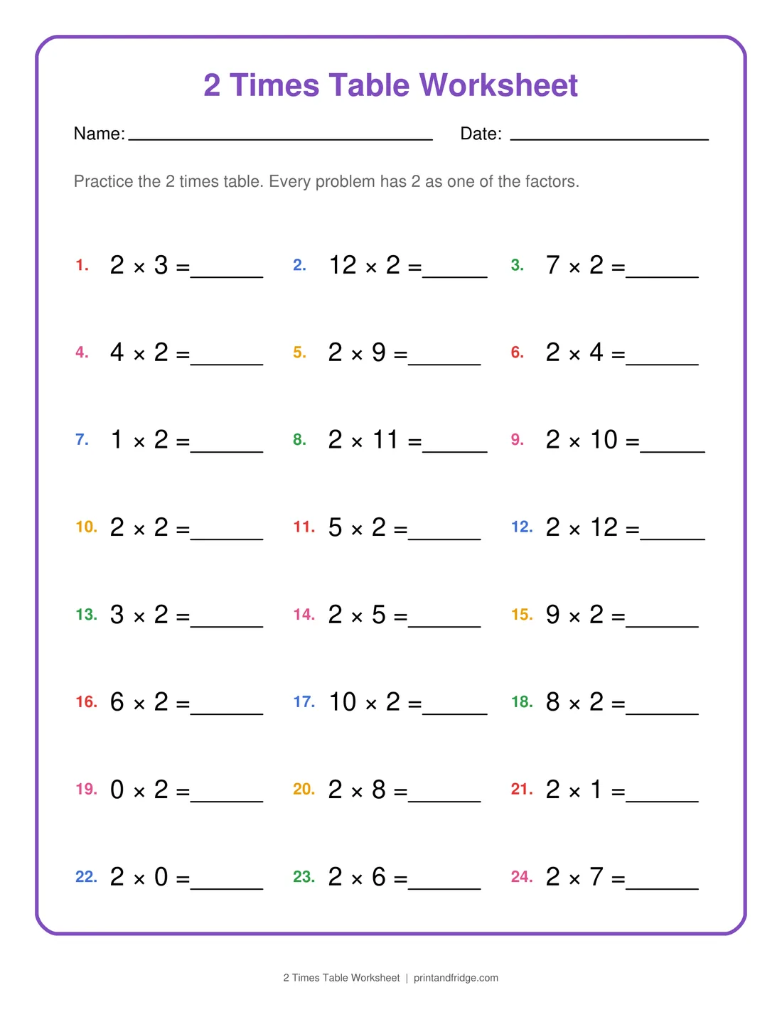 2 Times Table Worksheet printable worksheet