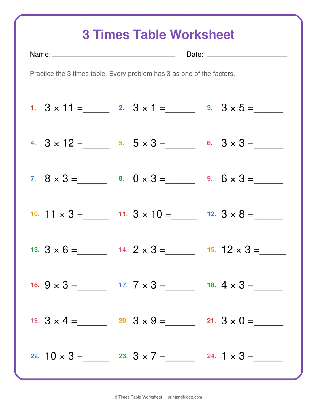 3 Times Table Worksheet printable worksheet