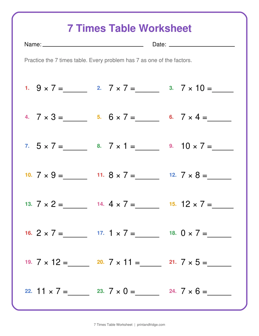 7 Times Table Worksheet printable worksheet