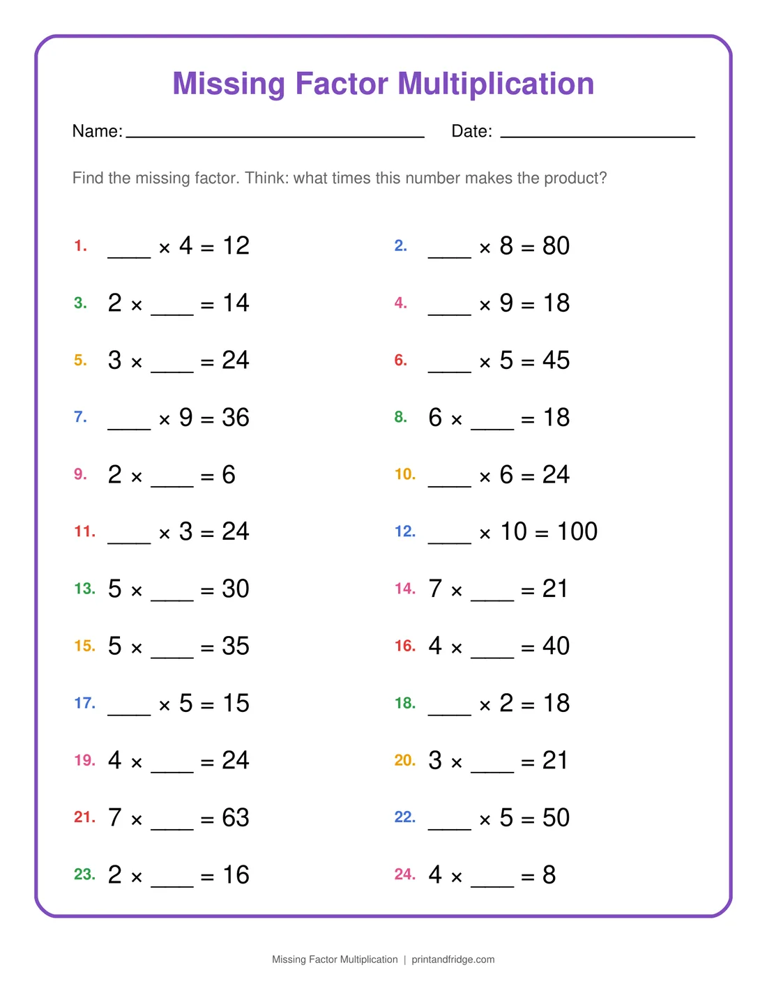 Missing Factor Multiplication printable worksheet