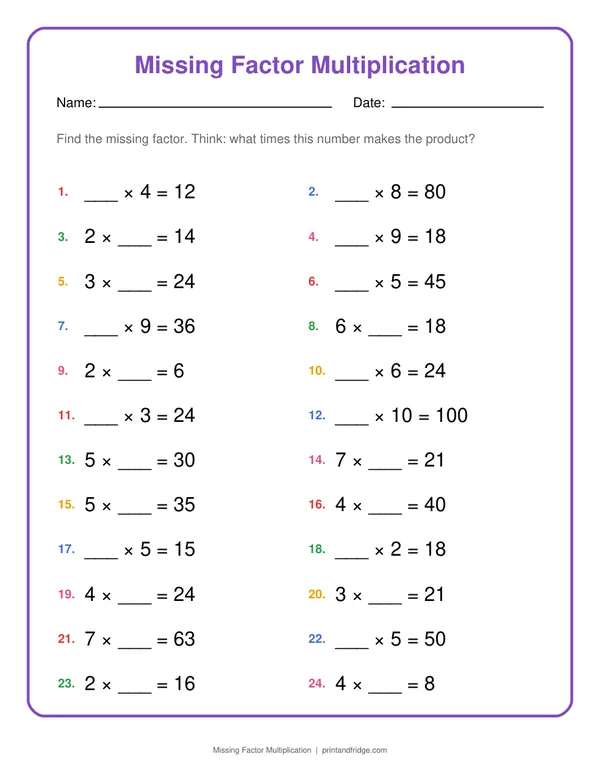 Missing Factor Multiplication printable worksheet
