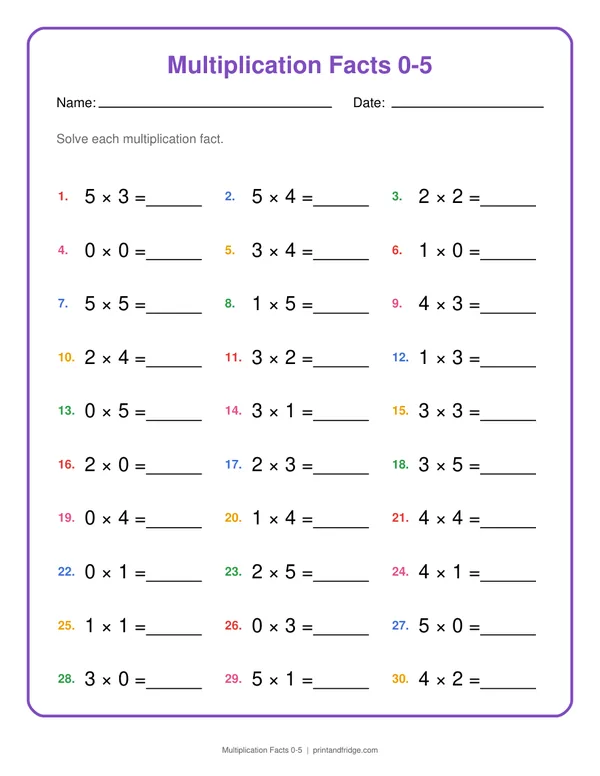 Multiplication Facts 0-5 printable worksheet