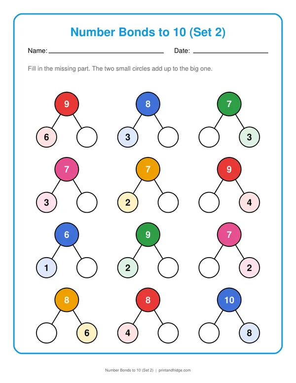 Number Bonds to 10 (Set 2) printable worksheet