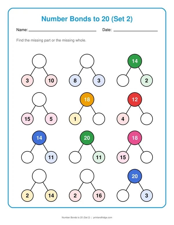 Number Bonds to 20 (Set 2) printable worksheet