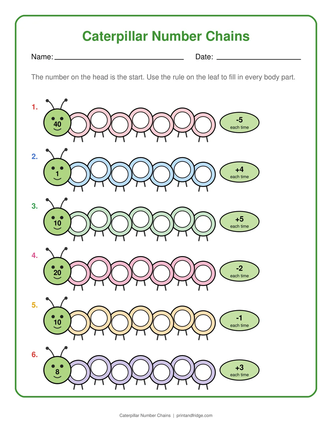 Caterpillar Number Chains printable worksheet
