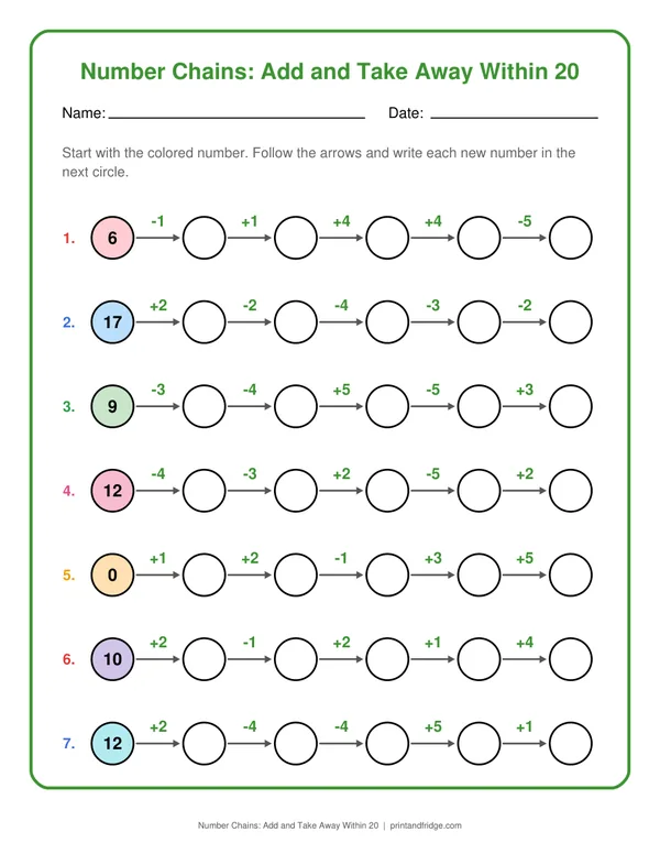 Number Chains: Add and Take Away Within 20 printable worksheet
