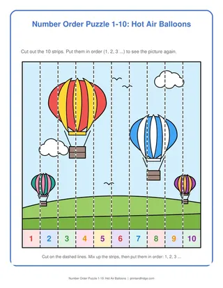 Number Order Puzzle 1-10: Hot Air Balloons