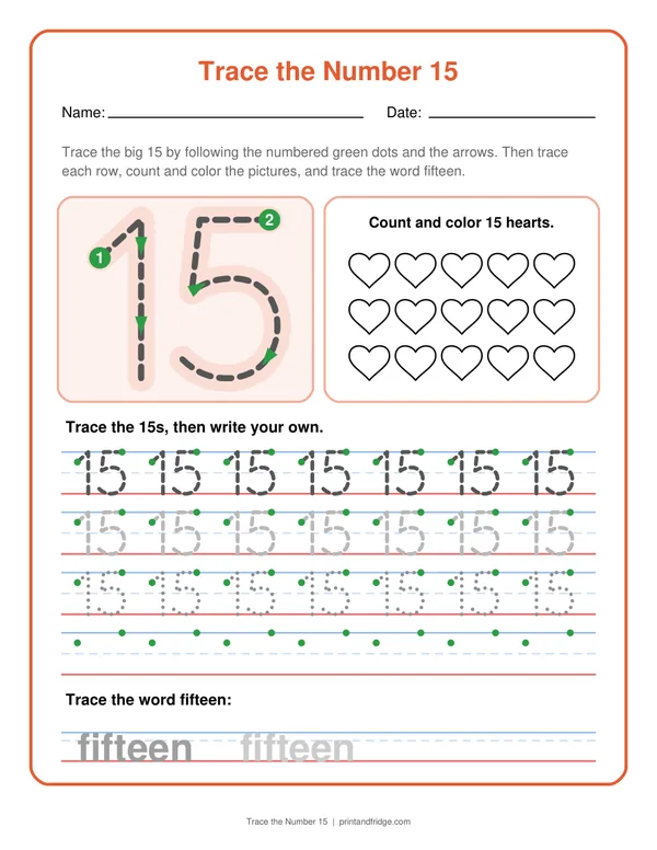 Trace the Number 15 printable worksheet