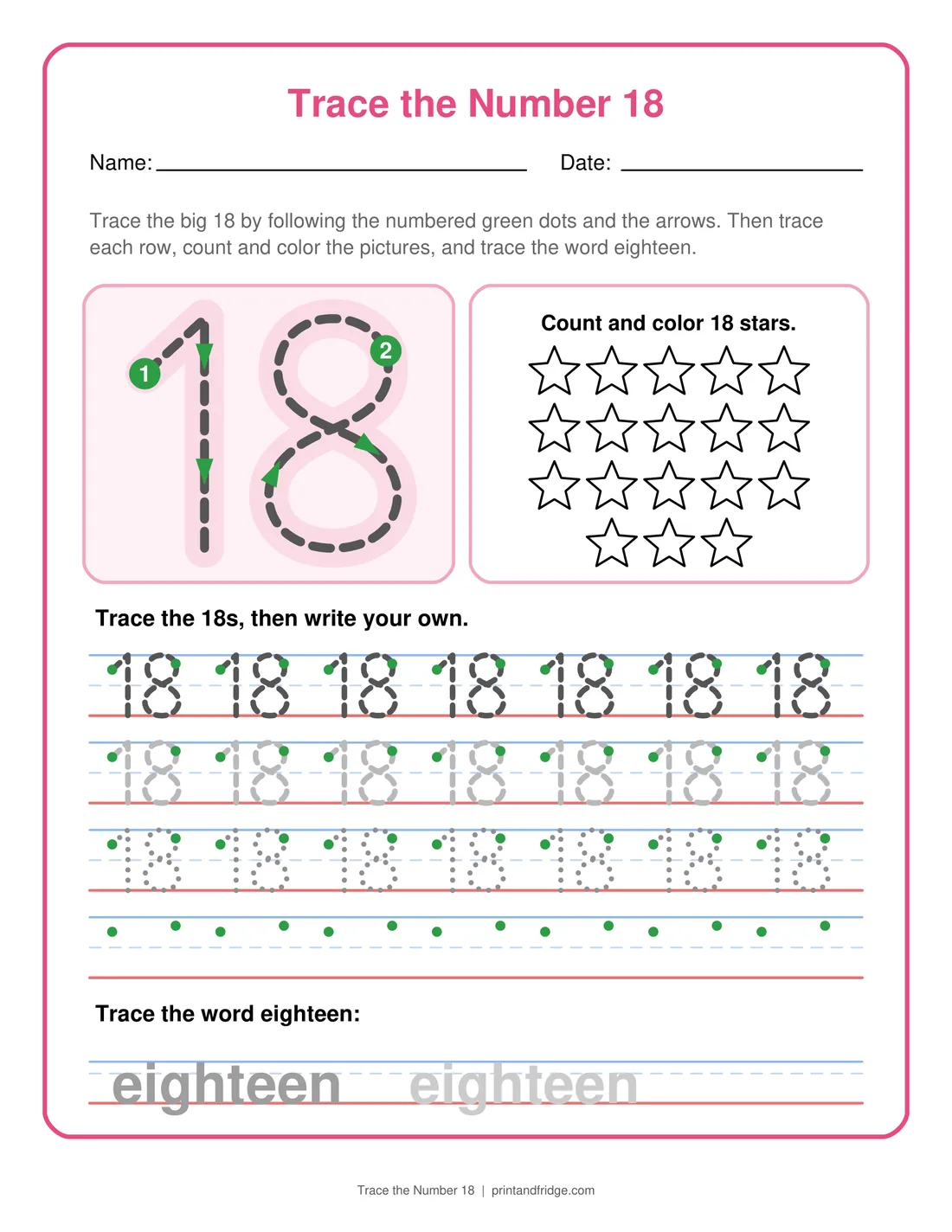 Trace the Number 18 printable worksheet