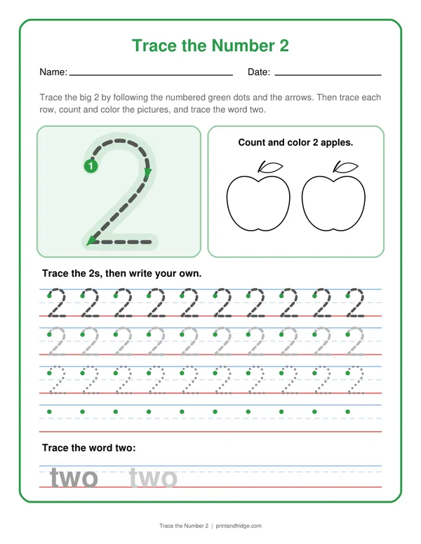 Trace the Number 2 printable worksheet