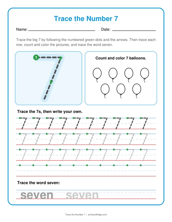 Trace the Number 7 printable worksheet