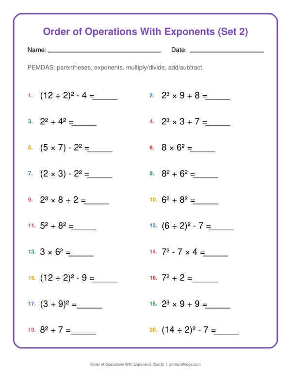 Order of Operations With Exponents (Set 2) printable worksheet