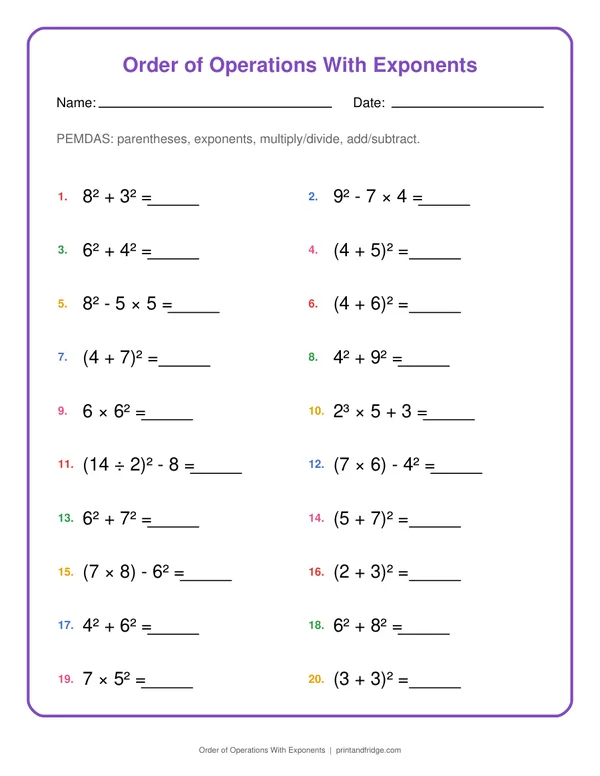 Order of Operations With Exponents printable worksheet