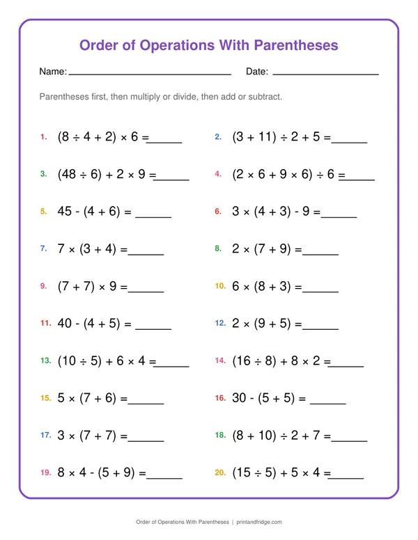 Order of Operations With Parentheses printable worksheet