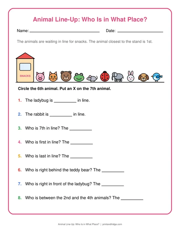 Animal Line-Up: Who Is in What Place? printable worksheet