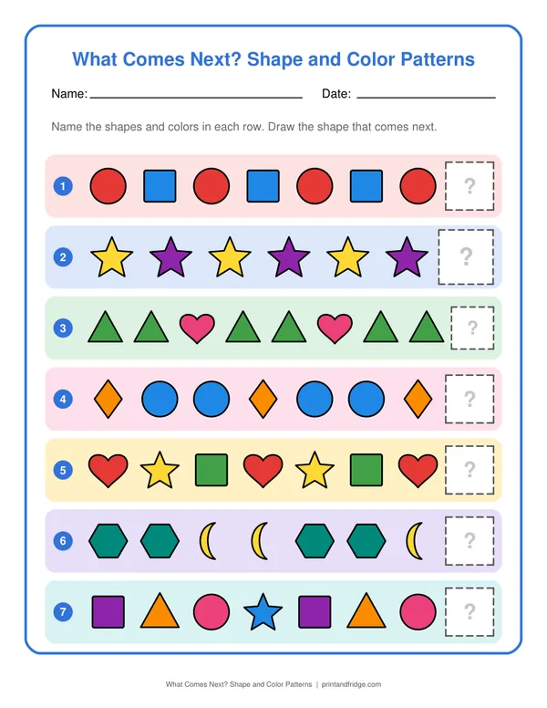 What Comes Next? Shape and Color Patterns printable worksheet