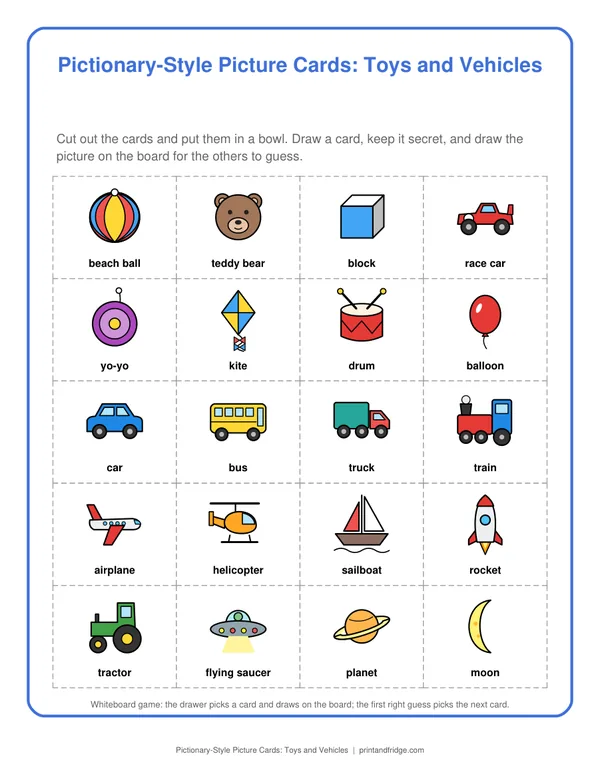 Pictionary-Style Picture Cards: Toys and Vehicles printable game