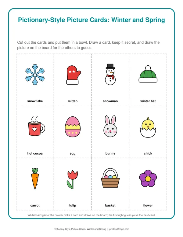 Pictionary-Style Picture Cards: Winter and Spring printable game