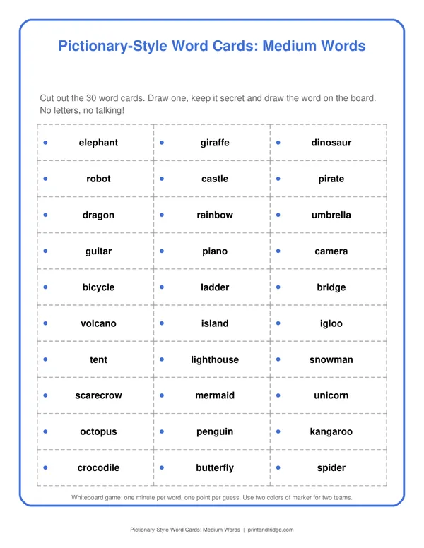 Pictionary-Style Word Cards: Medium Words printable game
