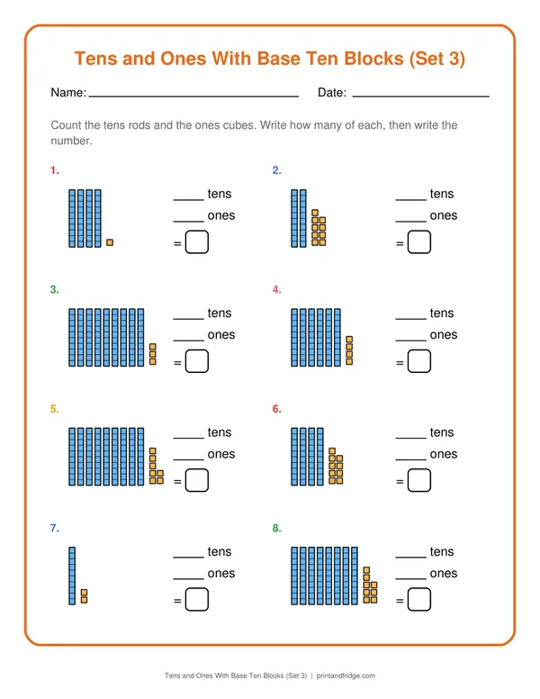 Tens and Ones With Base Ten Blocks (Set 3) printable worksheet