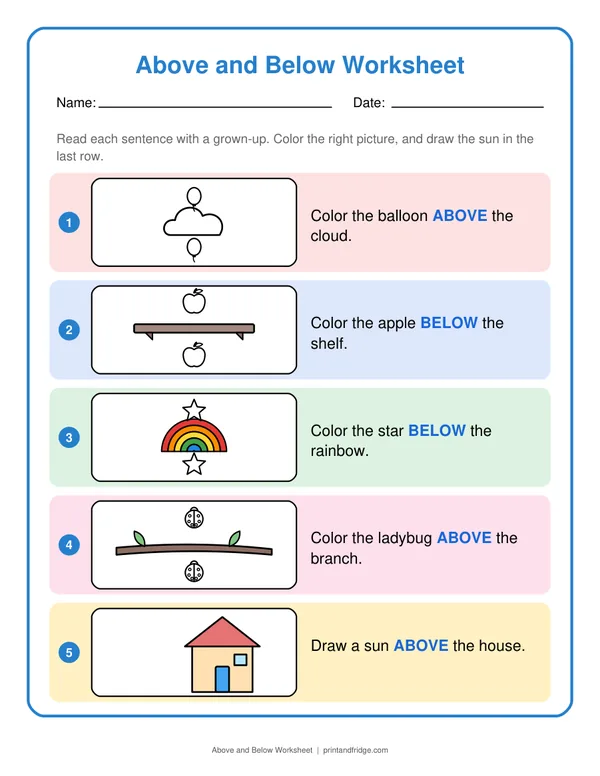 Above and Below Worksheet printable worksheet