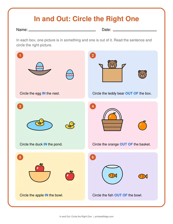 In and Out: Circle the Right One printable worksheet