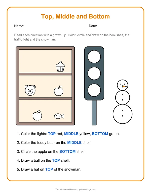 Top, Middle and Bottom printable worksheet