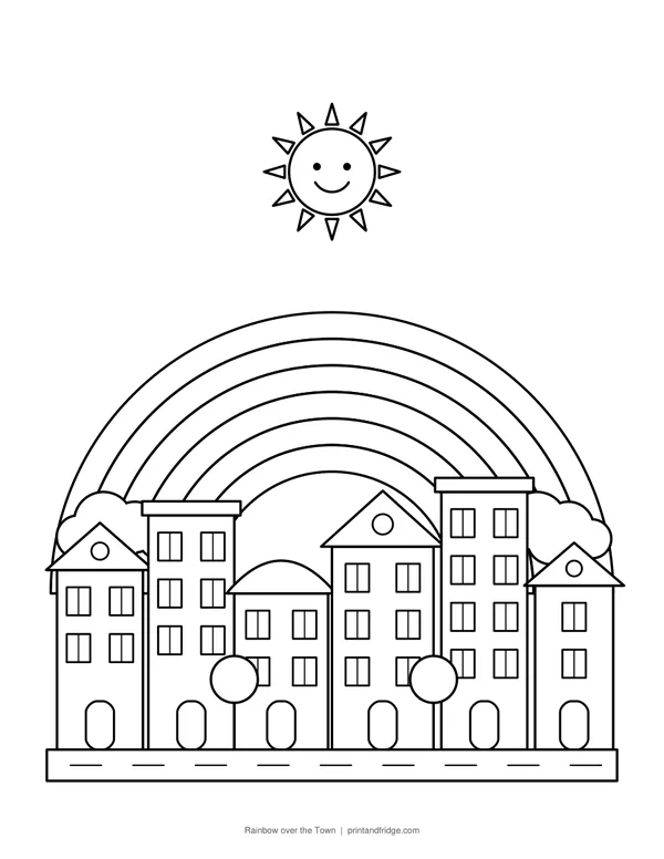 Rainbow over the Town printable coloring page
