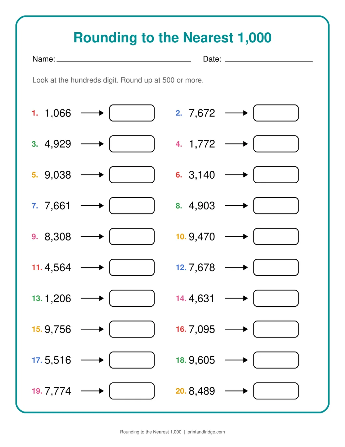 Rounding to the Nearest 1,000 printable worksheet