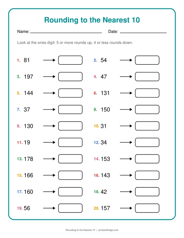 Rounding to the Nearest 10 printable worksheet
