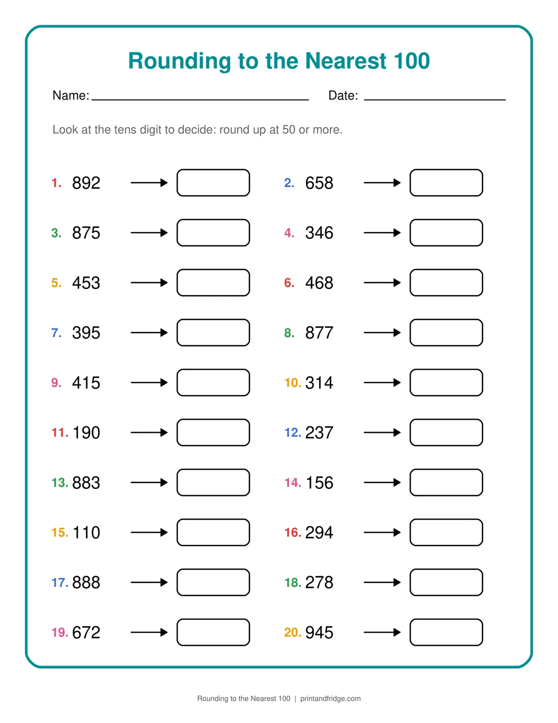 Rounding to the Nearest 100 printable worksheet