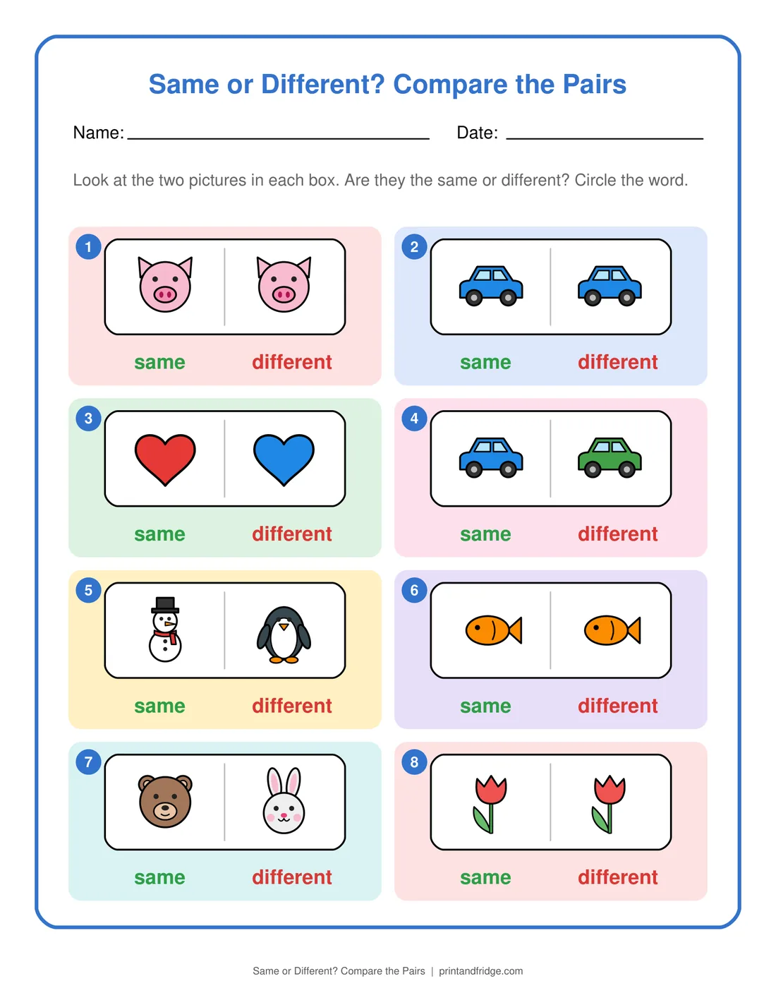 Same or Different? Compare the Pairs printable worksheet