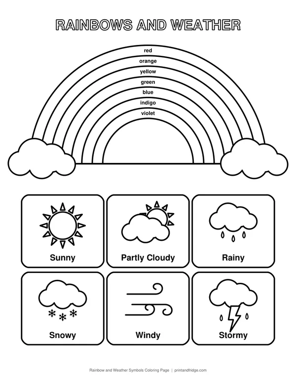 Rainbow and Weather Symbols Coloring Page printable coloring page
