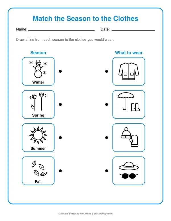 Match the Season to the Clothes printable worksheet