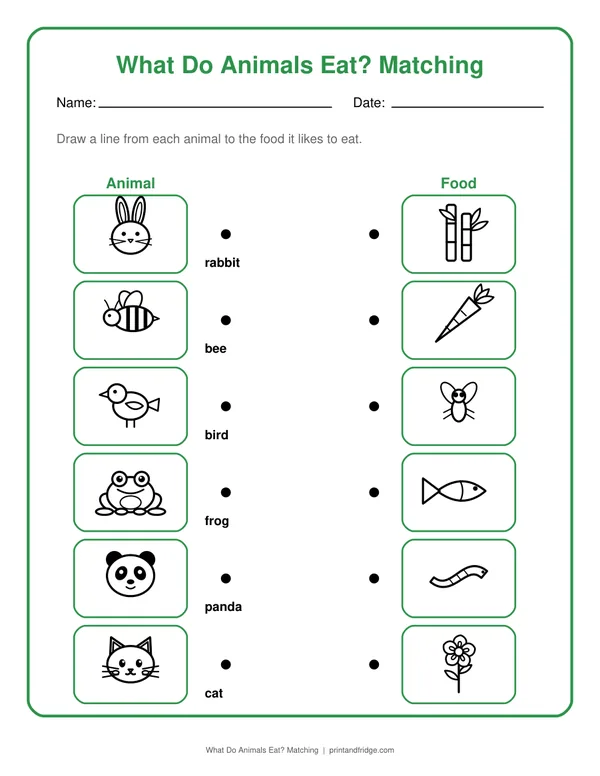 What Do Animals Eat? Matching printable worksheet