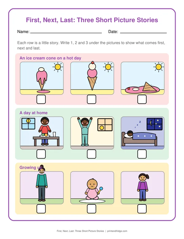 First, Next, Last: Three Short Picture Stories printable worksheet
