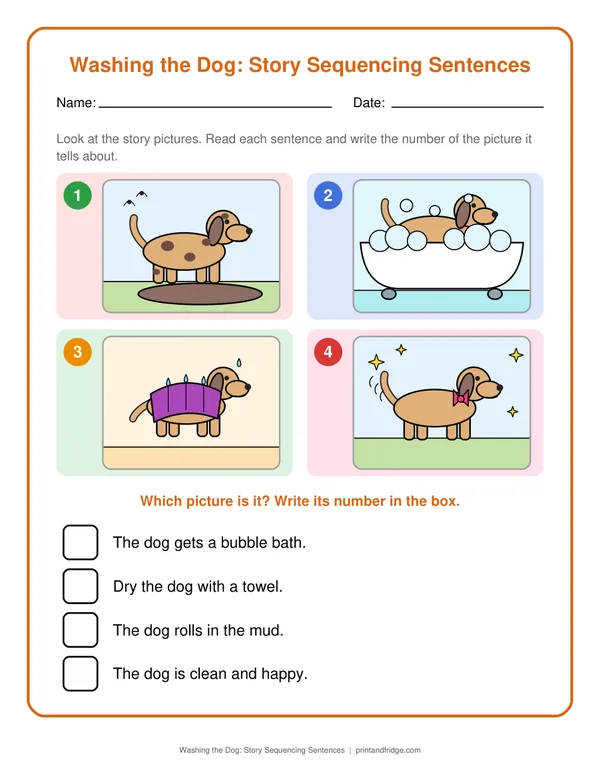 Washing the Dog: Story Sequencing Sentences printable worksheet