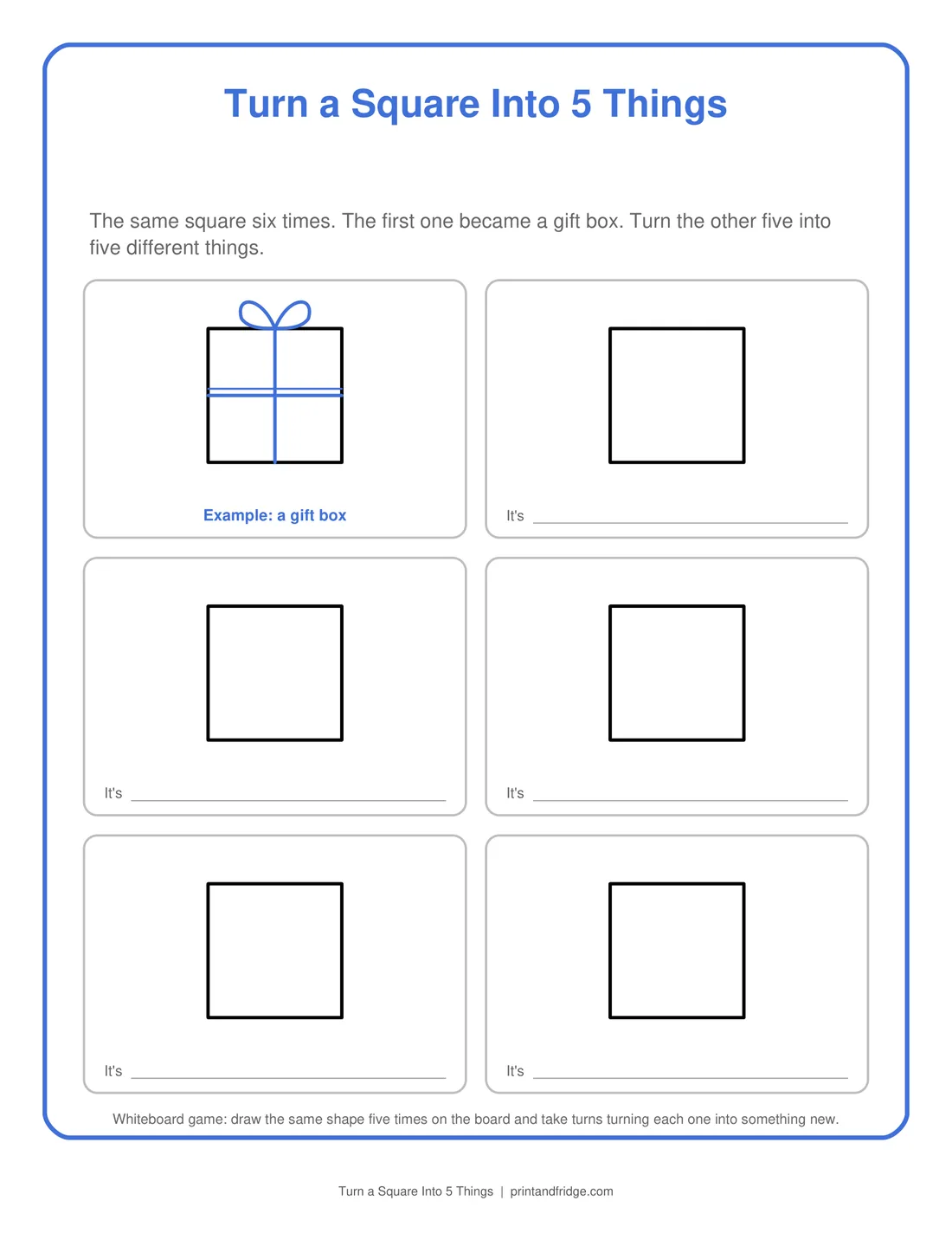 Turn a Square Into 5 Things printable game