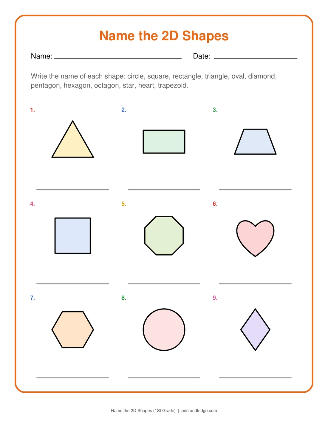 Name the 2D Shapes (1St Grade) printable worksheet