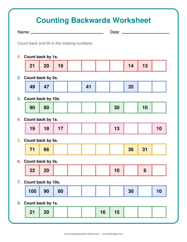 Counting Backwards Worksheet printable worksheet