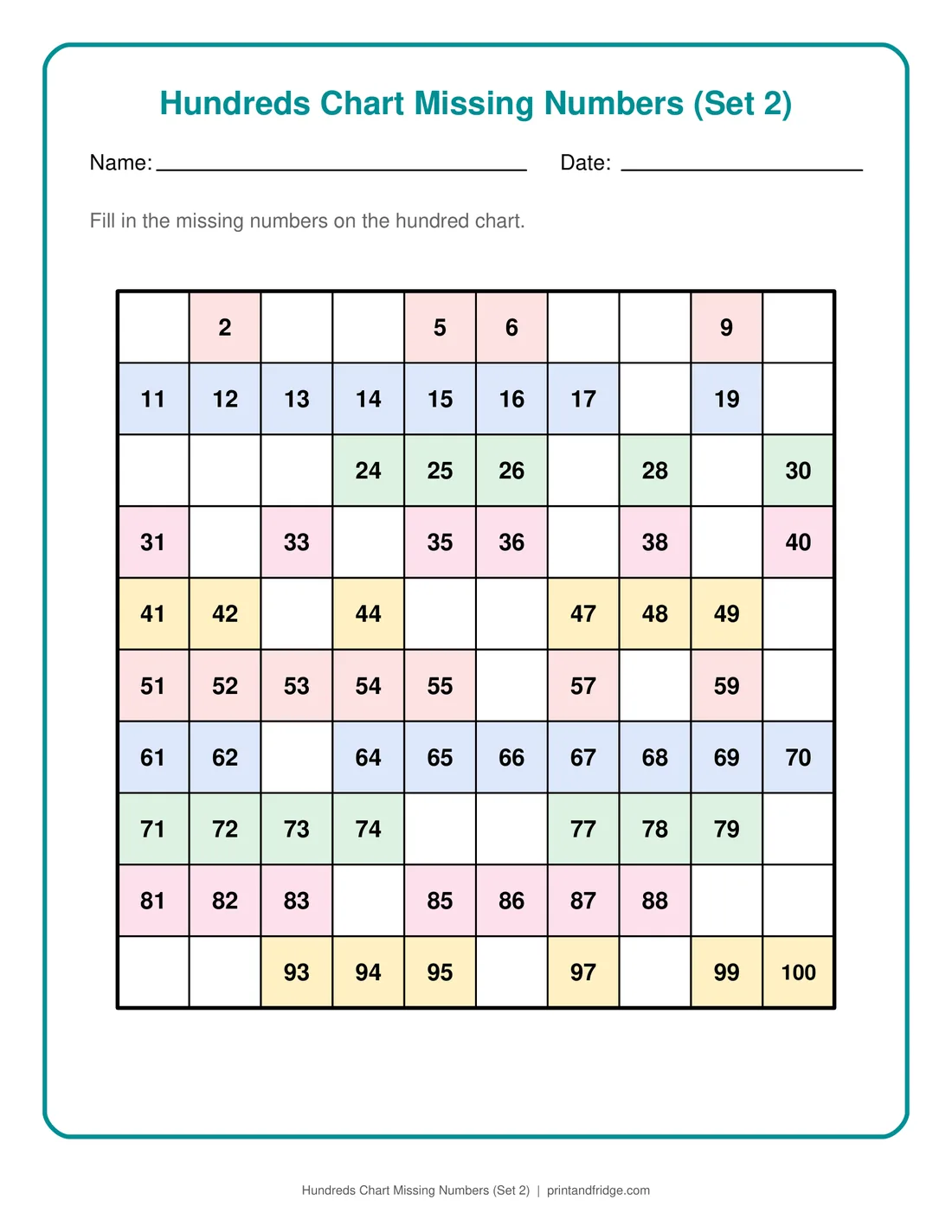 Hundreds Chart Missing Numbers (Set 2) printable worksheet