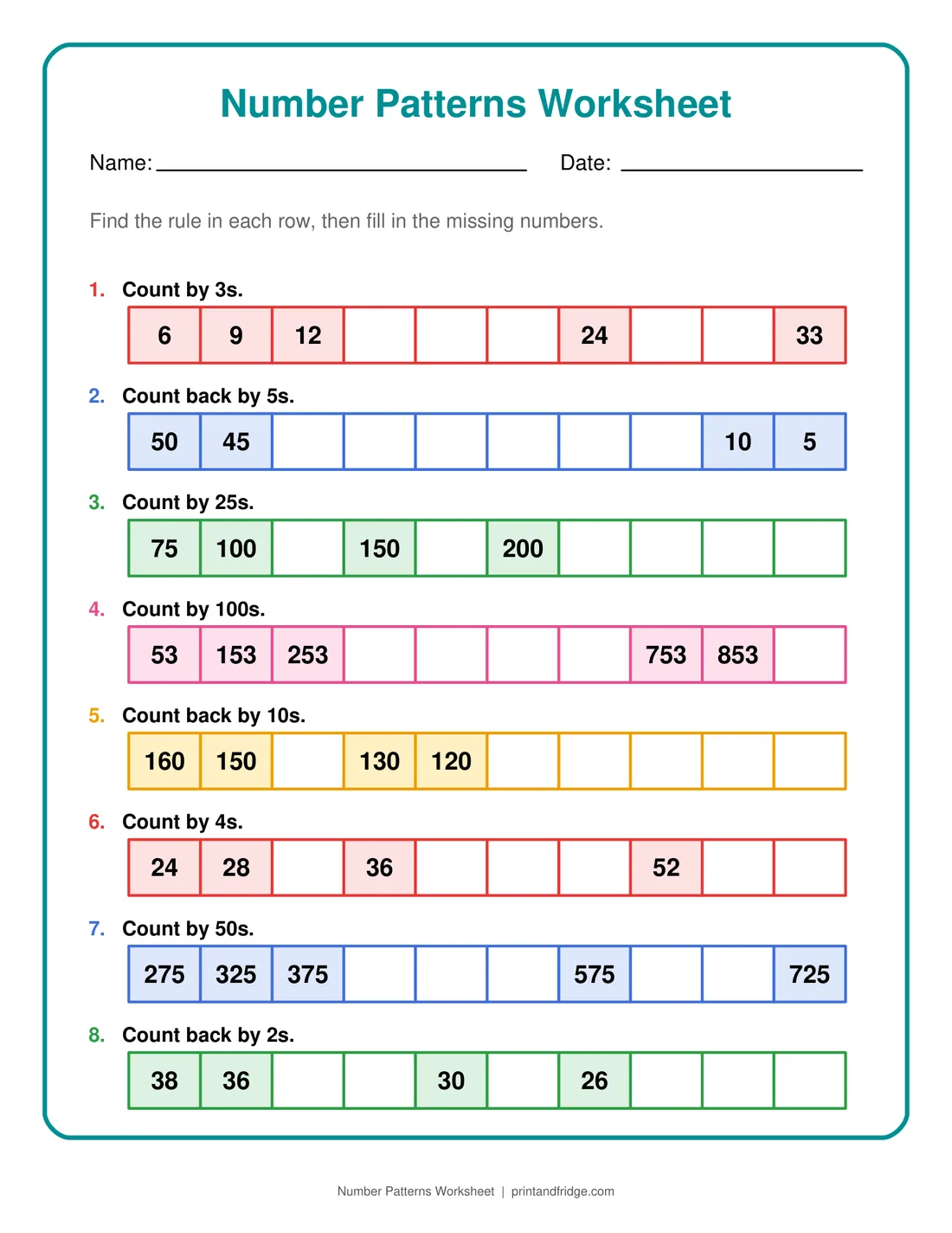 Number Patterns Worksheet printable worksheet