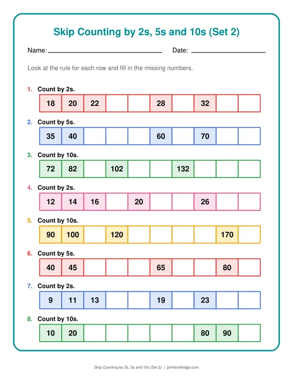 Skip Counting by 2s, 5s and 10s (Set 2) printable worksheet