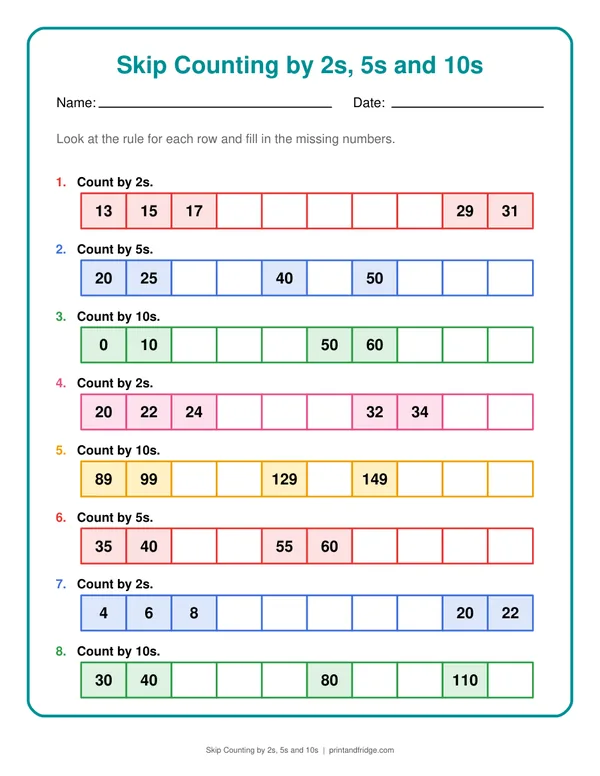 Skip Counting by 2s, 5s and 10s printable worksheet