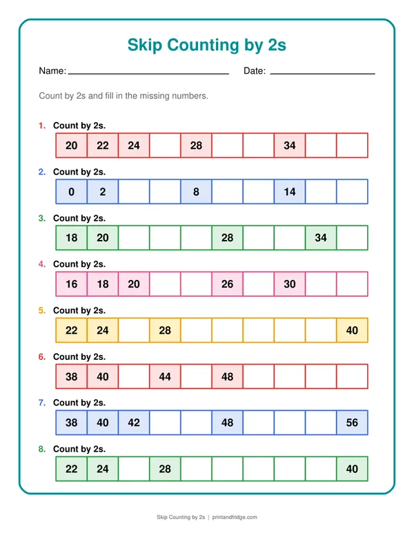 Skip Counting by 2s printable worksheet